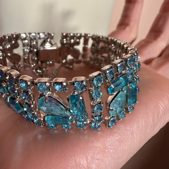 Antique 1930’s 40’s art deco pale blue Czecho Glass Wide silver Bracelet - Picture 15 of 16